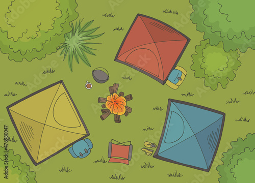 Camping graphic color sketch aerial view illustration vector 