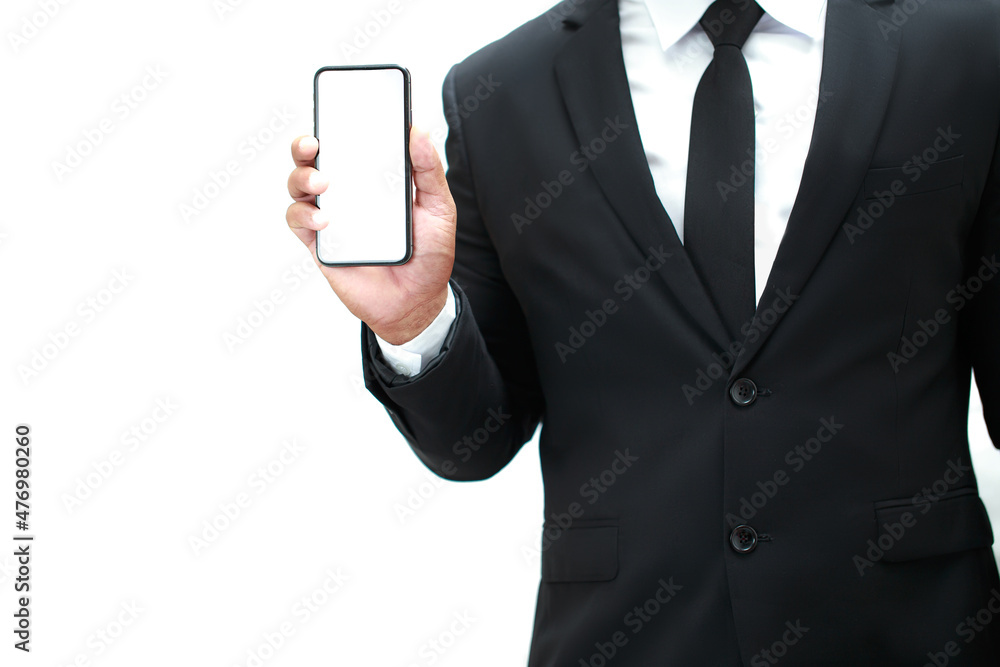 business man show smart phone gadget technology and holding for review product marketing income business in white isolated business man show smart phone gadget technology and holding for review product marketing income business in white isolated