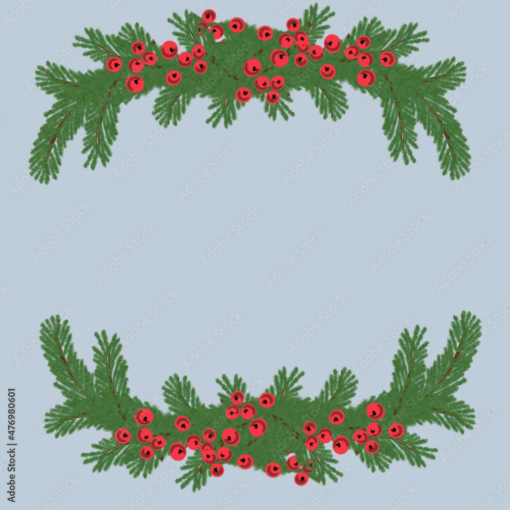 fir branch,christmas tree branch,evergreen tree,red berries,christmas wreath,christmas fir branches with red berries,garlands sparkling,flashing,glowing,green,red,yellow,blue,gray,beige background,blu