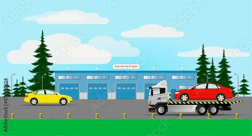 Car service and repair building. Delivery of a faulty car by a tow truck. Vector illustration.