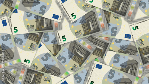 Economic wallpaper or rectangular seamless pattern. European paper money scattered randomly. 5 euro banknotes with shadows photo