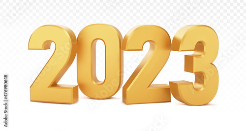 2023 golden decoration holiday on transparent background. Gold numeral 2023. Happy new year 2023 holiday. Realistic 3d vector illustration