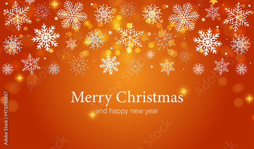 Merry Christmas background with snowflakes and bokeh lights. Vector illustration