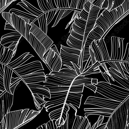 Botanical seamless pattern, hand drawn line art banana leaves on black. Printable wallpaper or textile illustration.