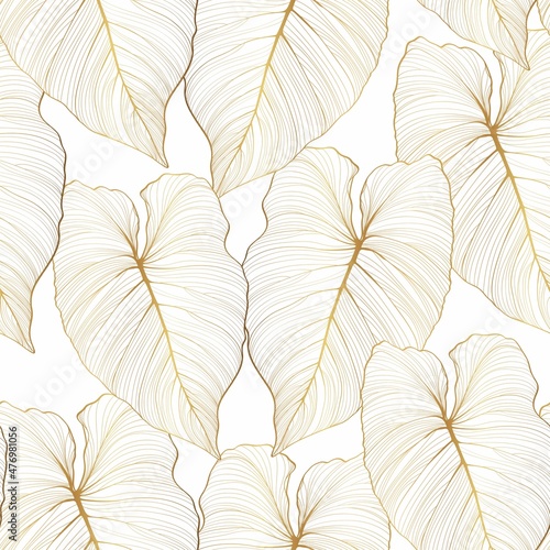 Foliage seamless pattern, tropical leaves, golden line art ink drawing on white background.