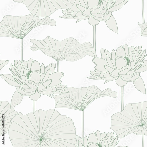 Seamless pattern, background with lotus flower. Botanical illustration style. Green line illustration.