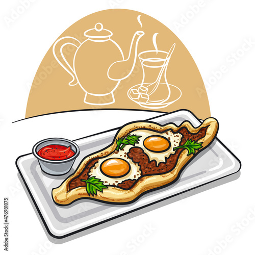 Turkish egg-topped pide flatbread baked with minсe, eggs, and hot tea