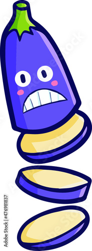 Funny eggplant cartoon character being sliced