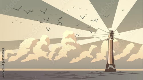 Horizontal illustration simple cartoon stylized illustrations of lighthouse with rays of light at twilight.