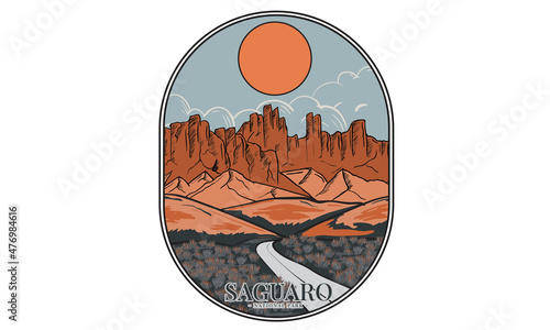 Saguaro road trip adventure vintage print design for apparel, t shirt, sticker, poster, wallpaper and others. Desert batch artwork.
