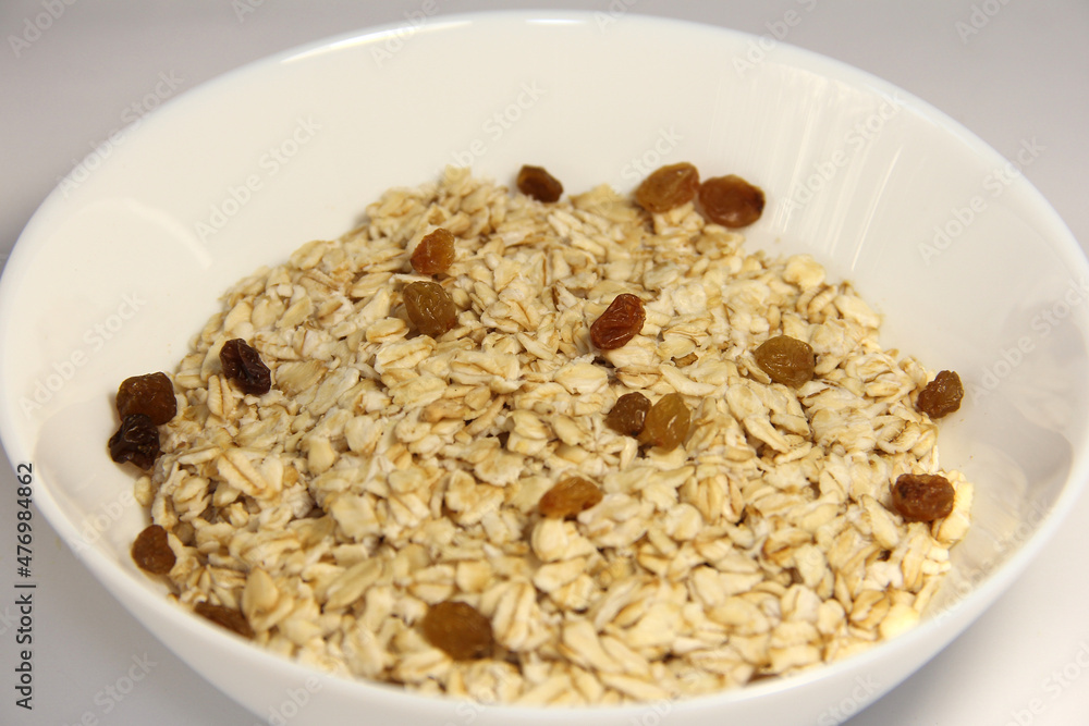 Oatmeal with raisins. Close up.