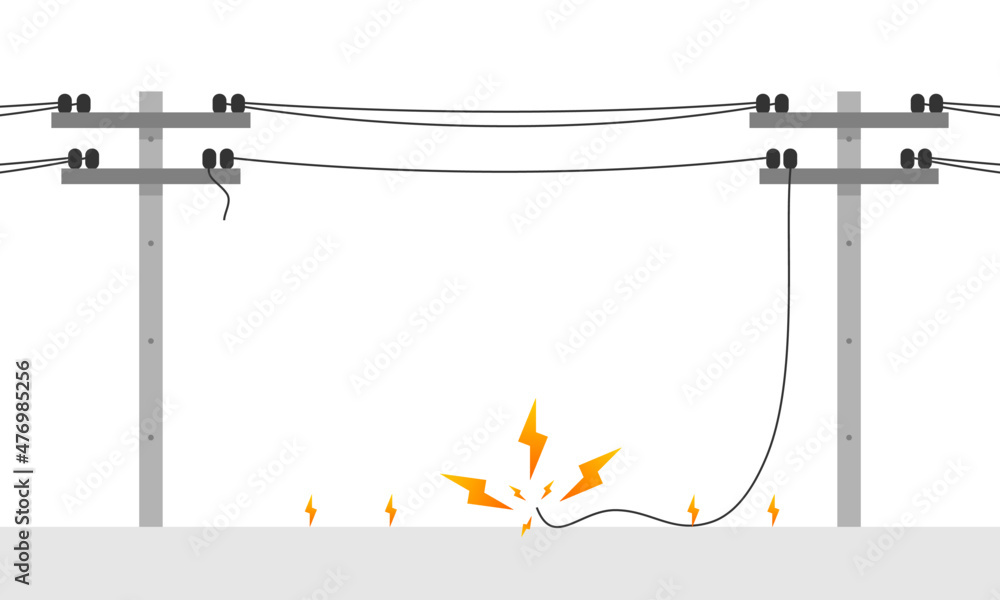 Broken electric wire of high voltage pole is damaged and short circuit