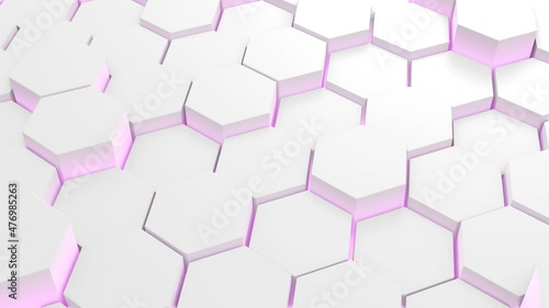Abstract technology white grid waving randomly with polygons that illuminate pink. Light colored minimal background.