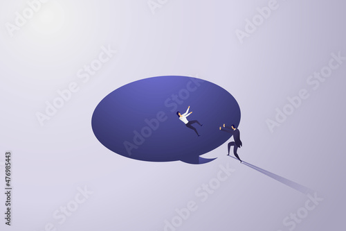 Businessman push employees into speech bubbles to injure coworkers