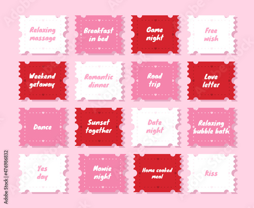 Coupon book for Valentines day. Love night tickets. Best gift for boyfriend. Present for couples. Vector cards templates in cartoon style.