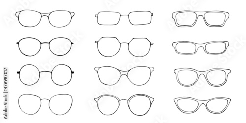 Black sketch fashion eye glasses icon set. Vector doodle cartoon illustration. Frame retro eyeglasses icons. Hand drawn doodle spectacles