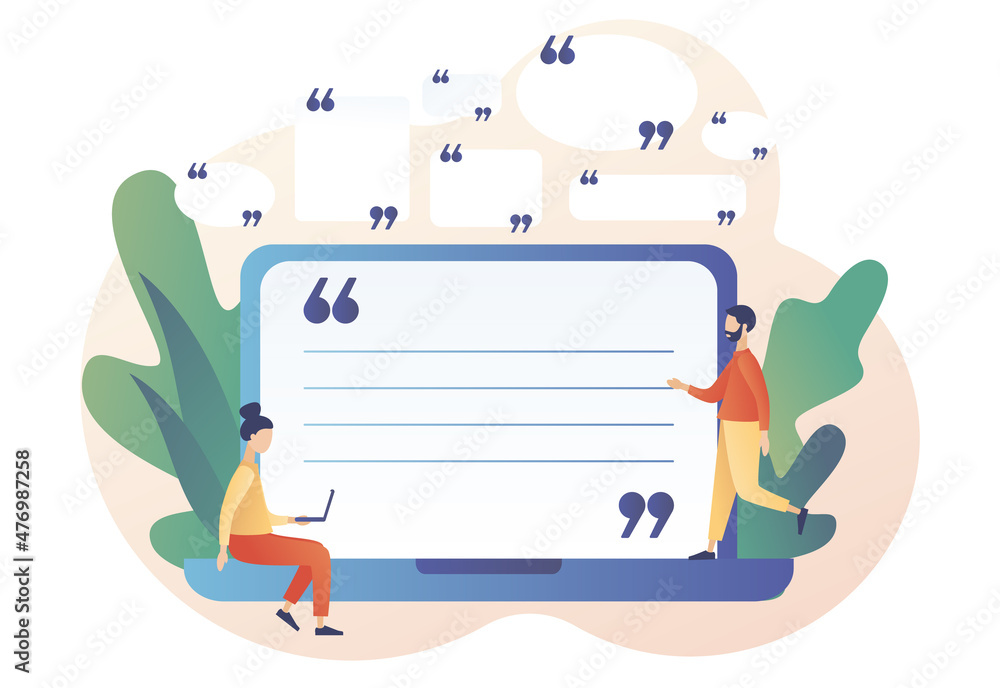 Tiny characters quoted text great and famous people. Quote box and speech bubble on laptop screen. Texting quote boxes. Modern flat cartoon style. Vector illustration on white background Tiny characters quoted text great and famous people. Quote box and speech bubble on laptop screen. Texting quote boxes. Modern flat cartoon style. Vector illustration on white background