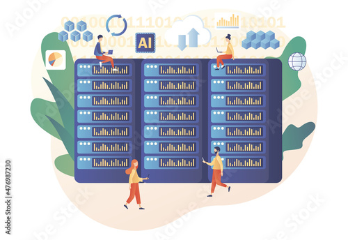 Big data concept. Tiny people data engineers. Data science and jobs. Data analysis. Developer career. Modern flat cartoon style. Vector illustration on white background
