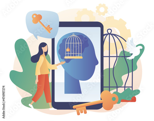 Freedom concept. Tiny woman step out of comfort zone. Mind prison psychological. Inner prison. Cage metaphor. Personal development. Modern flat cartoon style. Vector illustration on white background