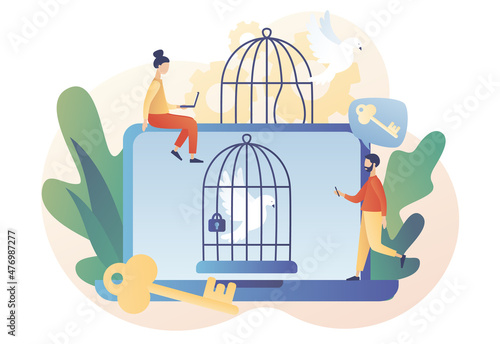Freedom concept. Bird fly out of cage as step out of inner prison metaphor. Mind prison psychological. Сomfort zone. Personal development. Modern flat cartoon style. Vector illustration