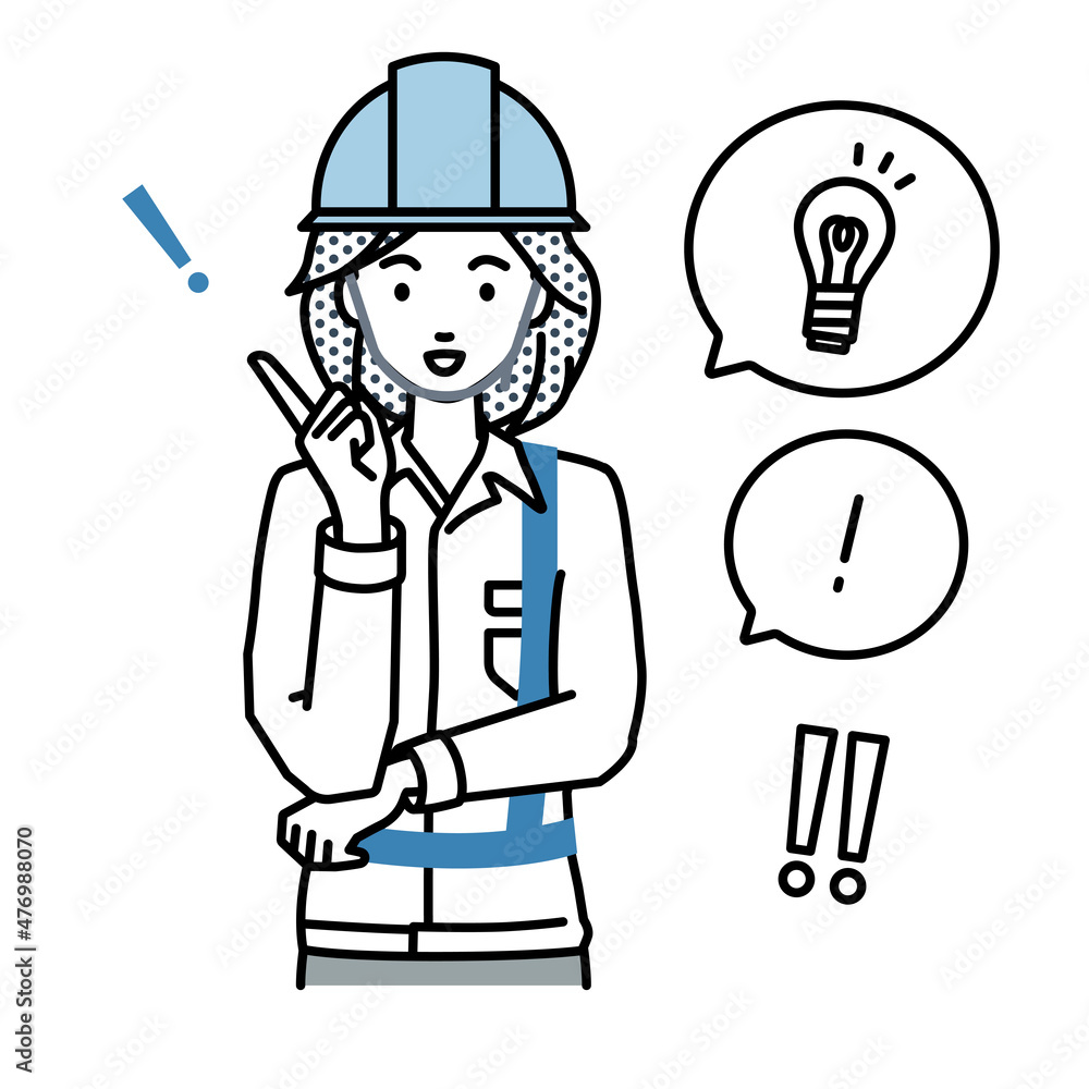立って素晴らしいアイデアをひらめいた工事現場の女性 フキダシに電球と感嘆符のセット