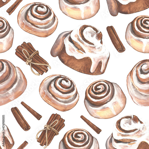 Seamless pattern with sinnamon rolls on white background. Watercolor seamless pattern photo