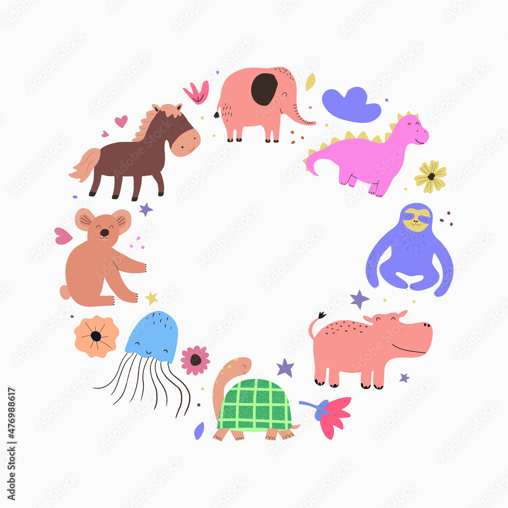 Children frame with cute animals and empty space in flat style. Cute illustration for children's room design, postcards, prints for clothes. Vector
