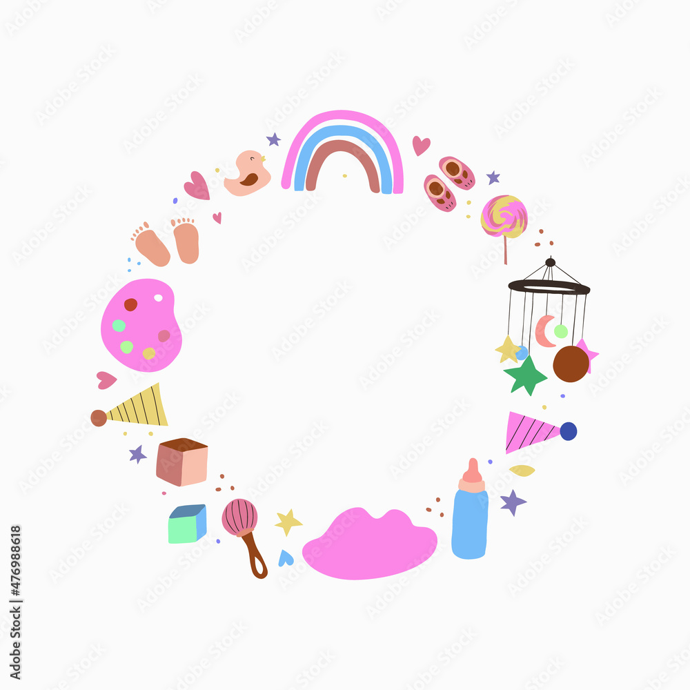 Children frame with toys and baby stuff in flat style. Cute illustrations for children's room design, postcards, prints for clothes. Vector Children frame with toys and baby stuff in flat style. Cute illustrations for children's room design, postcards, prints for clothes. Vector