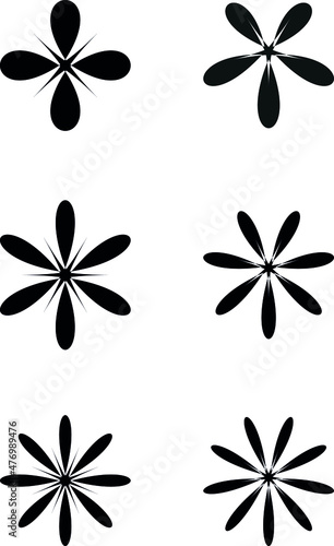 Flowers with petals, leaves, set of black design elements, shapes. Transparent background. Abstract vector illustration, eps 10.