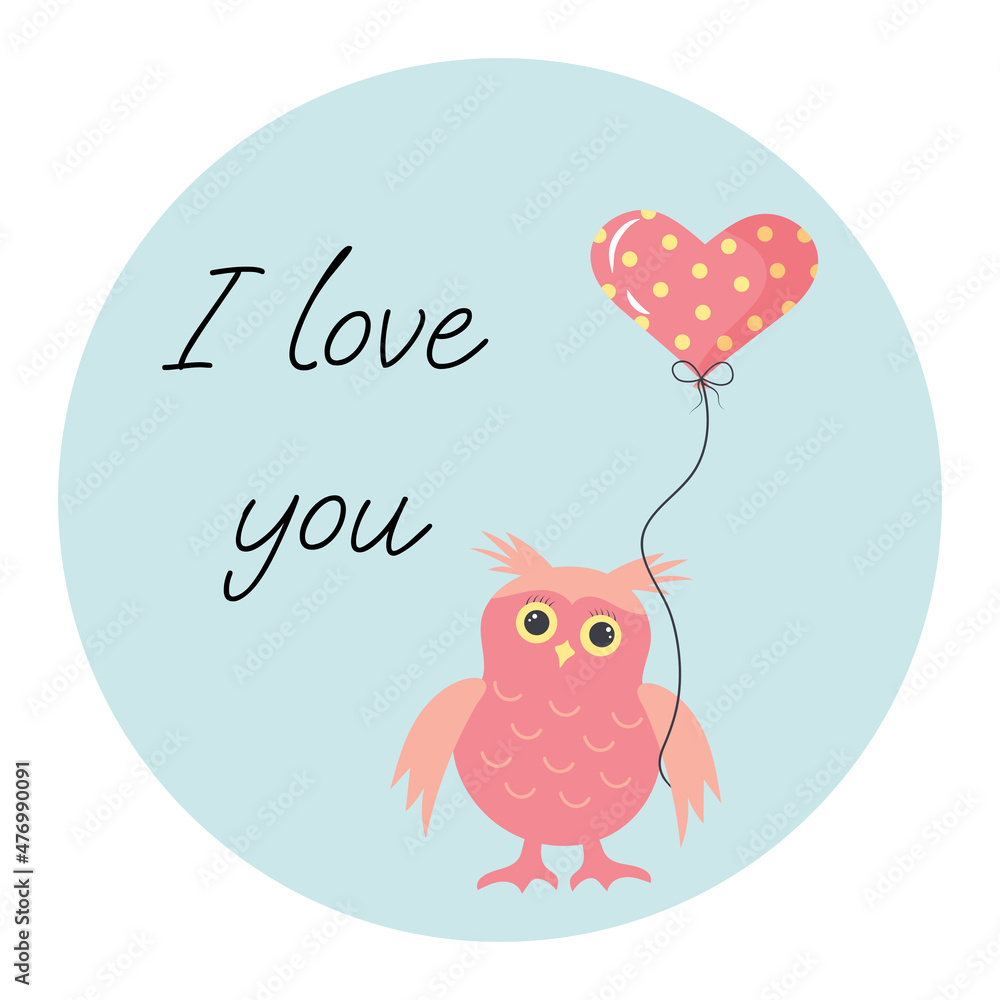 Fototapeta premium Cute pink baby owl with heart balloon. I love you text. Valentine's day greeting card.