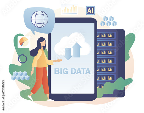 Big data - text on smartphone screen. Tiny woman data engineers. Data science and jobs. Data analysis. Developer career. Modern flat cartoon style. Vector illustration on white background