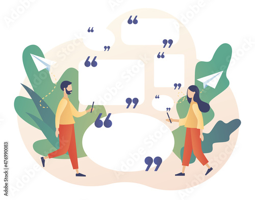 Tiny characters quoted text great and famous people. Quote box and speech bubbles. Texting quote boxes. Modern flat cartoon style. Vector illustration on white background