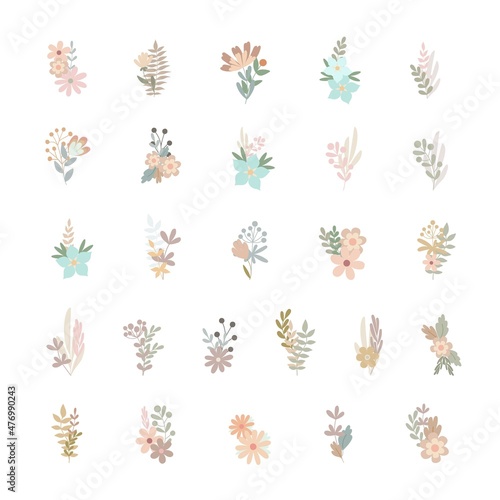 Simple flowers pastel-colored floral arrangement in flat style vector illustration, symbol of spring, cozy home, Easter holidays celebration decor, clipart for cards, bohemian springtime decoration