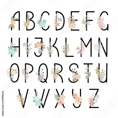 Letters of alphabet uppercase decorated with flowers, floral monogram vector illustration in simple boho style, flat pastel colored decorative lettering