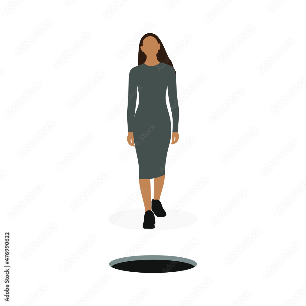 Female character walking towards an open hatch on a white background Female character walking towards an open hatch on a white background
