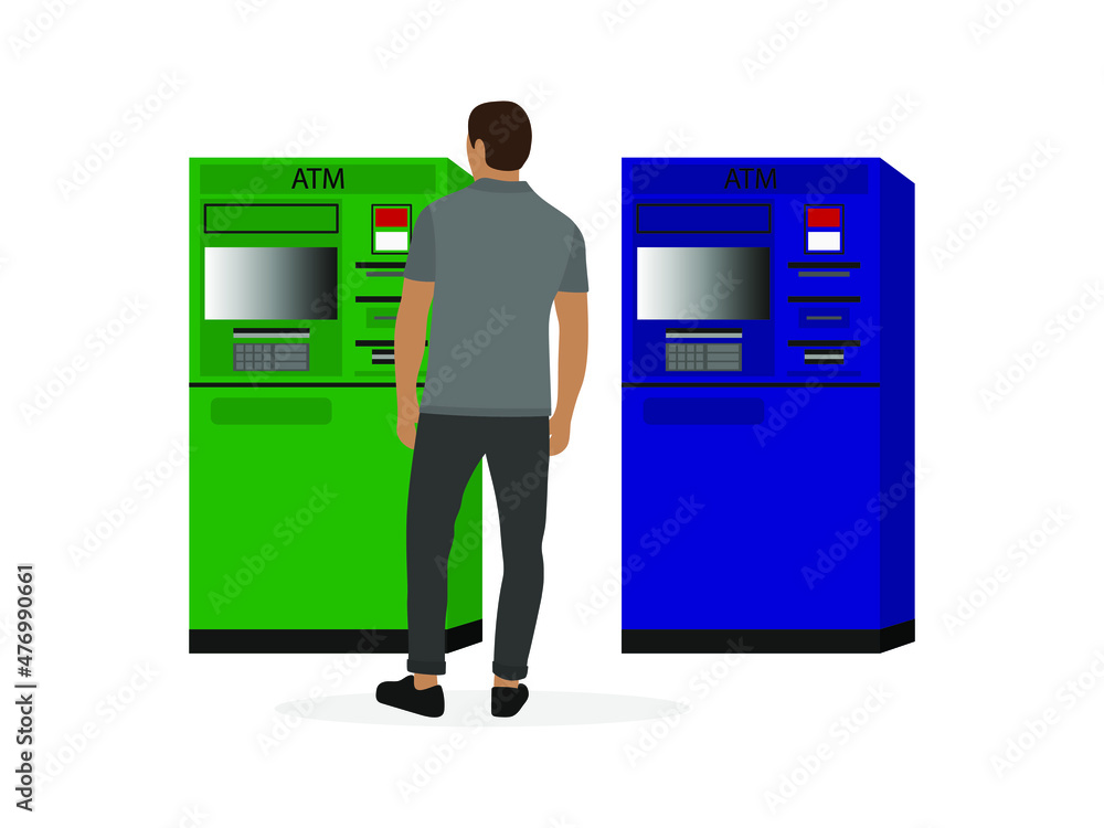 Male character stands in front of two ATM machines on a white background Male character stands in front of two ATM machines on a white background