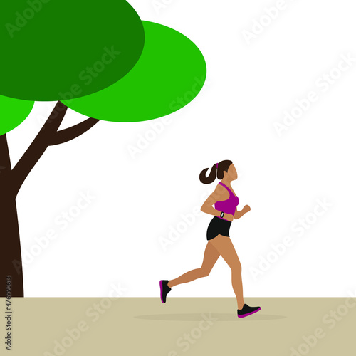 Female character in sportswear running outdoors in summer
