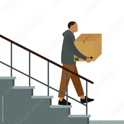 Male character with a large cardboard box in his hands descends the stairs on a white background
