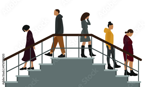 Five characters descend the stairs in different directions on a white background