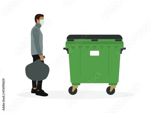 Male character in a medical mask and with a trash bag in his hand stands near a trash can on a white background