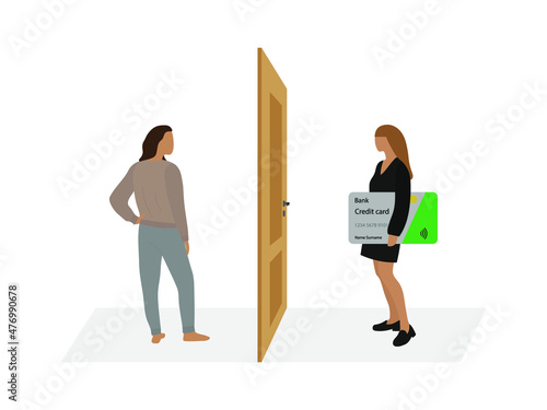 On one side of the door there is a female character holding a credit card, and on the other side of the door there is a female character in home clothes