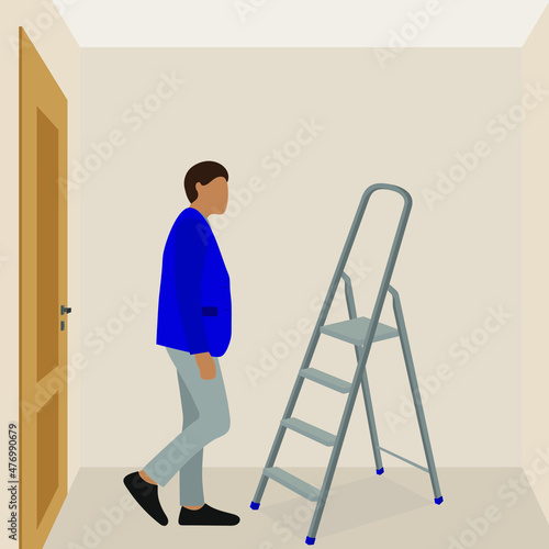 Male character in business attire stands near the stepladder in the room