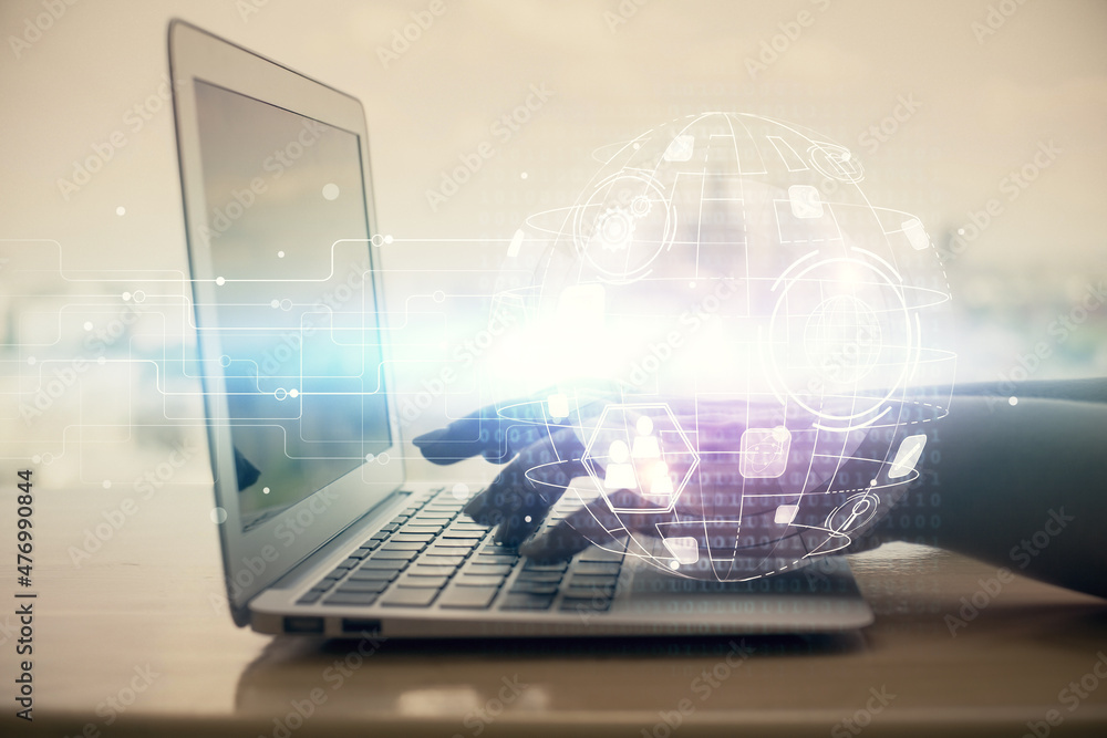 Double exposure of woman hands typing on computer and social network theme hologram drawing. People media concept. Double exposure of woman hands typing on computer and social network theme hologram drawing. People media concept.