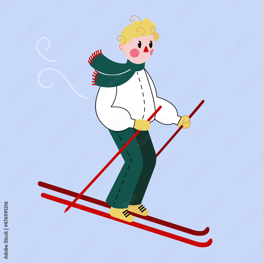 Fototapeta premium Boy skiing in the snow. Winter holiday. Vector character