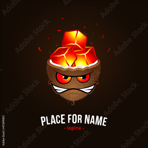 Cartoon coconut and coconut charcoal cubes for hookah. Template for a logo or emblem. Vector, illustration