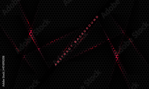 Black hexagon carbon fiber sports gaming tech background with red crimson lines and shadows. Technology honeycomb abstract vector background. Hexagonal carbon fiber black and crimson backdrop.