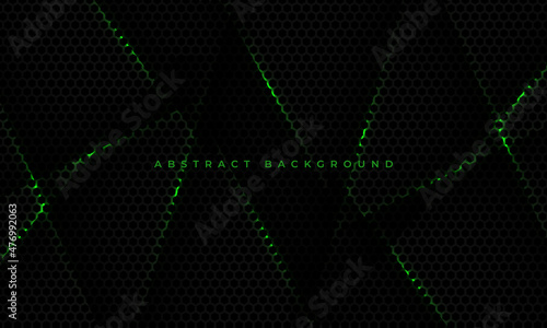 Black hexagon carbon fiber gaming sports tech background with green lines and shadow objects. Honeycomb technology abstract backdrop. Hexagonal carbon fiber black and green vector background.
