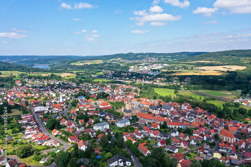 Aerial view, Steinau an der Strasse and Steinau Castle, Hesse, Germany, Aerial view, Steinau an der Strasse and Steinau Castle, Hesse, Germany,