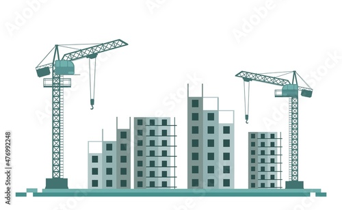 Construction of a new building. Silhouette. Cranes and Tractors. Modern technologies and equipment. Isolated on white background illustration vector