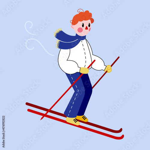 Boy skiing in the snow. Winter holiday. Vector character